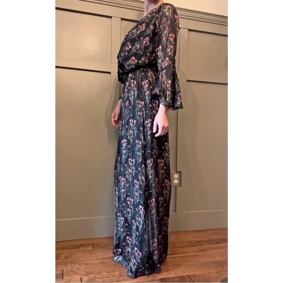 HOLLY & Joey Paris Bell Sleeve Surplice Neck Floral Maxi Dress Sheer Metallic S - Picture 5 of 15